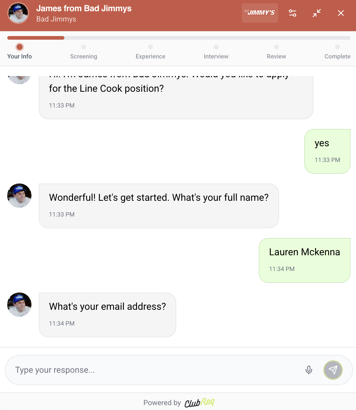 ClubReq chat-based application flow on a mobile device